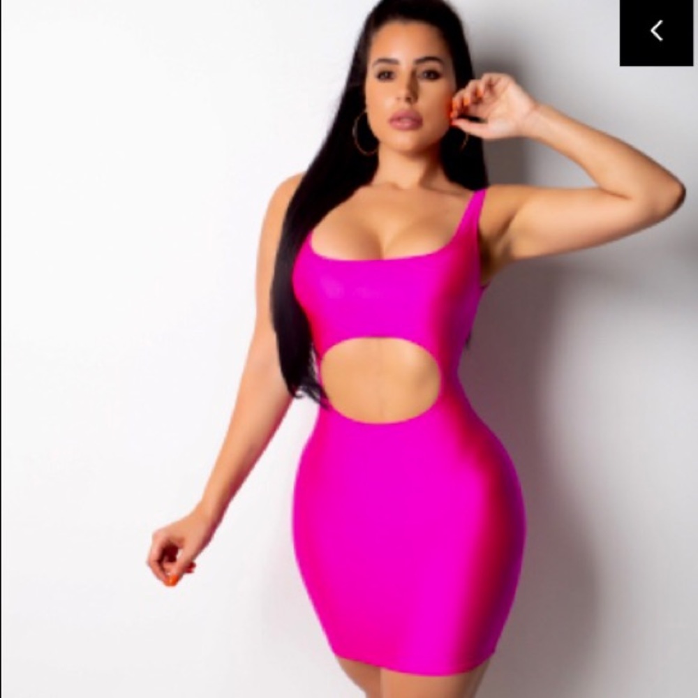 Famous Kim K Hot Pink Spandex Dress BACK IN STOCK - Picture 2 of 7